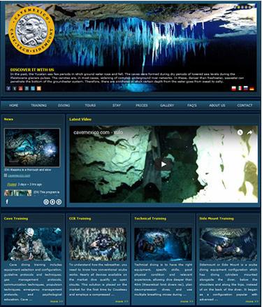 Zrzut ekranu strony internetowej firmy oferującej kursy nurkowania jaskiniowego, z widocznym menu nawigacyjnym, sekcją newsów, wideo i opisami szkoleń z nurkowania.