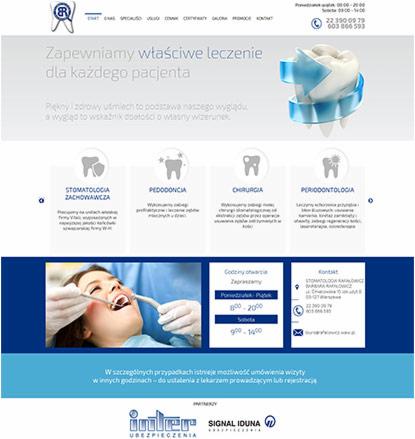 Responsywna strona internetowa kliniki dentystycznej z ilustracjami ikon zębów, zdjęciem pacjenta podczas zabiegu i informacjami kontaktowymi.