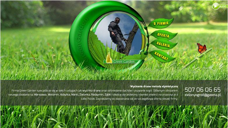 Grafika reklamowa firmy Green Garden przedstawiająca alpinistyczną wycinkę drzew, z zielonym logo i menu w kształcie liści na tle trawnika.