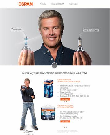 Ekran strony internetowej z reklamą żarówek samochodowych OSRAM, prezentowanych przez mężczyznę.