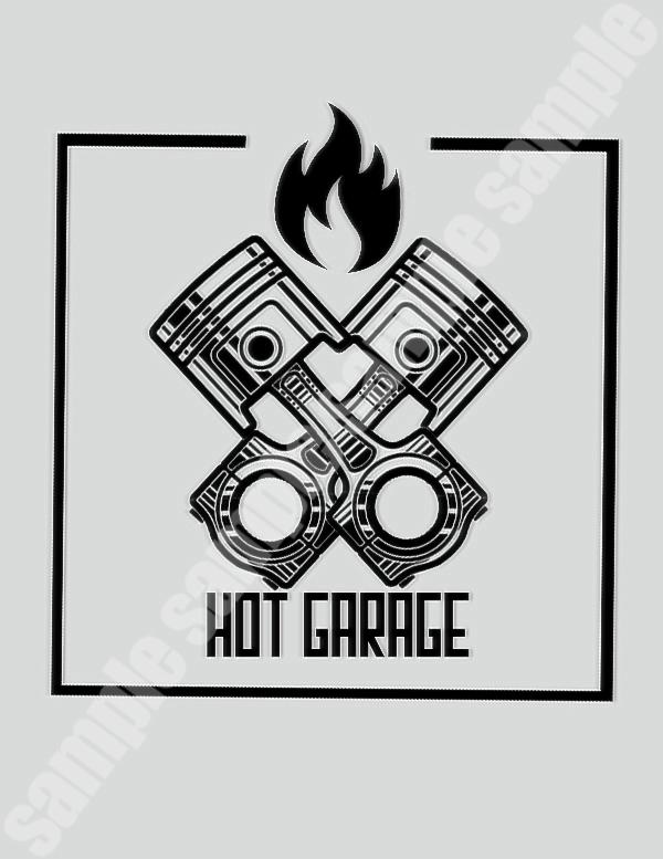 Logo warsztatu samochodowego Hot Garage: skrzyżowane tłoki silnika z płomieniem, czarne kontury na szarym tle w czarnej ramce.