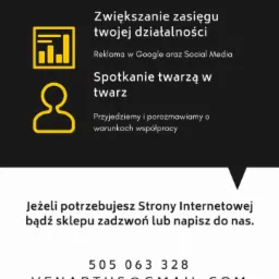 Grafika reklamowa firmy Venartus oferującej zwiększanie zasięgu działalności poprzez reklamę w Google i Social Media oraz spotkania twarzą w twarz, z numerem telefonu i adresem e-mail.