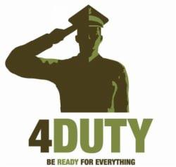 Sylwetka żołnierza w hełmie oddającego salut, w kolorze khaki, nad napisem '4DUTY BE READY FOR EVERYTHING' również w kolorze khaki, na białym tle.