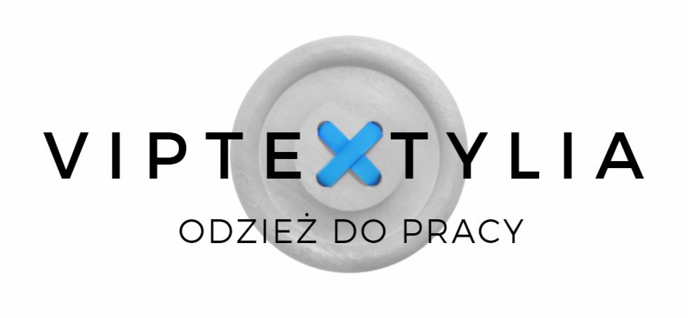 Logo firmy VIPTEXTYLIA z hasłem 'Odzież do pracy', stylizowane na guzik z niebieską nicią.