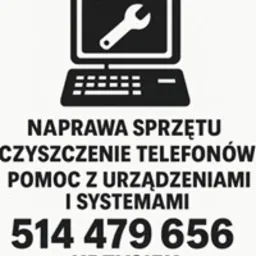 Grafika: laptop z kluczem francuskim, napis 'Naprawa sprzętu', 'Czyszczenie telefonów', numer telefonu i imię 'Krzysiek'. Czarno-biała, minimalistyczna.