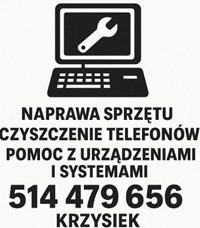 Grafika: laptop z kluczem francuskim, napis 'Naprawa sprzętu', 'Czyszczenie telefonów', numer telefonu i imię 'Krzysiek'. Czarno-biała, minimalistyczna.