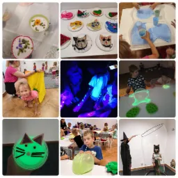 Mozaika zdjęć z imprezy dla dzieci: dekorowanie babeczek kwiatami, malowanie na papierowych talerzach, zabawa z bąbelkami w ciemności pod światłem UV, dmuchanie balonów, tworzenie gigantycznych...