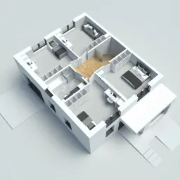 Schemat 3D domu jednorodzinnego z widocznym układem pomieszczeń: sypialnie, salon, łazienka, kuchnia, biuro, z uwzględnieniem umeblowania i zewnętrznego tarasu.