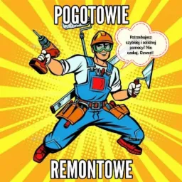 Ilustracja w stylu komiksowym przedstawiająca majstra w kombinezonie, kasku i okularach ochronnych, trzymającego w jednej ręce wiertarkę, a w drugiej kielnię; nad nim dymek z tekstem 'Potrzebujesz...