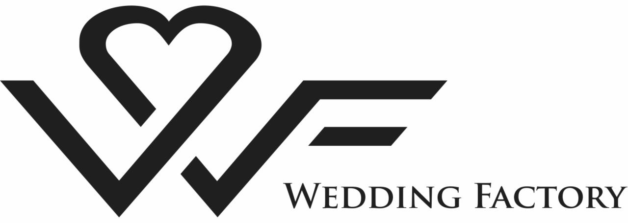 Logo firmy Wedding Factory, stylizowana litera W z sercem, połączona z literą F, napis Wedding Factory