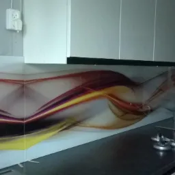 Szklany panel dekoracyjny z abstrakcyjnym wzorem w odcieniach żółci, fioletu i szarości, zamontowany nad blatem kuchennym z nierdzewną armaturą, widoczne przyssawki do szkła.