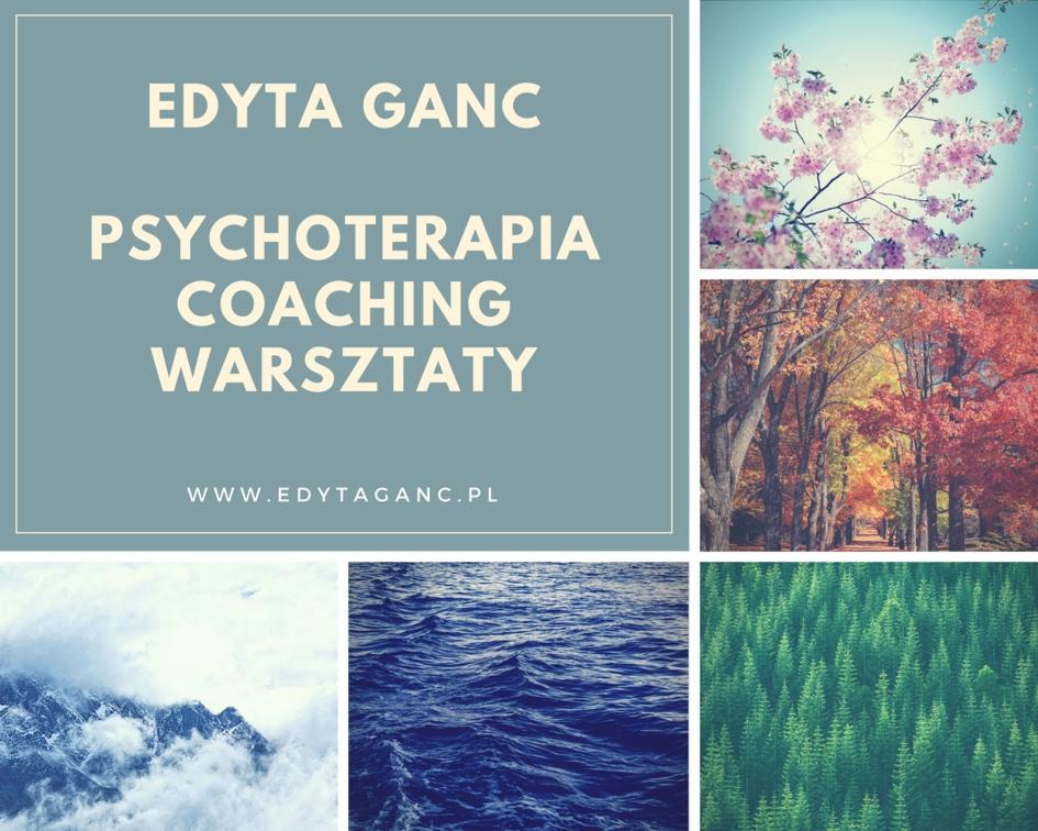 Kompozycja graficzna z tekstem 'Edyta Ganc Psychoterapia Coaching Warsztaty www.edytaganc.pl' i kolażem zdjęć natury: kwitnąca wiśnia, jesienna aleja drzew, ośnieżone góry, wzburzone morze, gęsty...