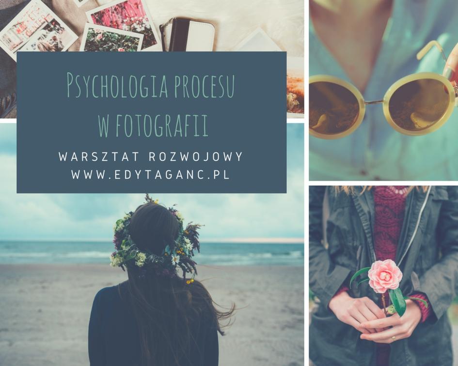Mozaika zdjęć promująca warsztat rozwojowy 'Psychologia procesu w fotografii' z adresem strony www.edytaganc.pl, prezentująca ujęcie osoby z wieńcem na głowie stojącej tyłem do aparatu na plaży...