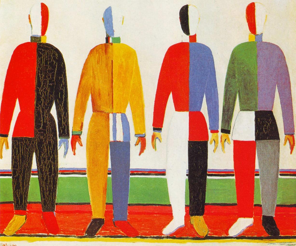 Obraz Kazimierza Malewicza przedstawiający cztery abstrakcyjne postacie w geometrycznych, dwukolorowych strojach, z białymi, pozbawionymi rysów twarzami, na tle zielono-czerwonej abstrakcyjnej...