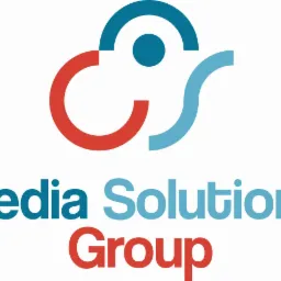 Logo firmy Media Solutions Group z abstrakcyjnym symbolem chmury i liter w kolorach niebieskim i czerwonym na białym tle.