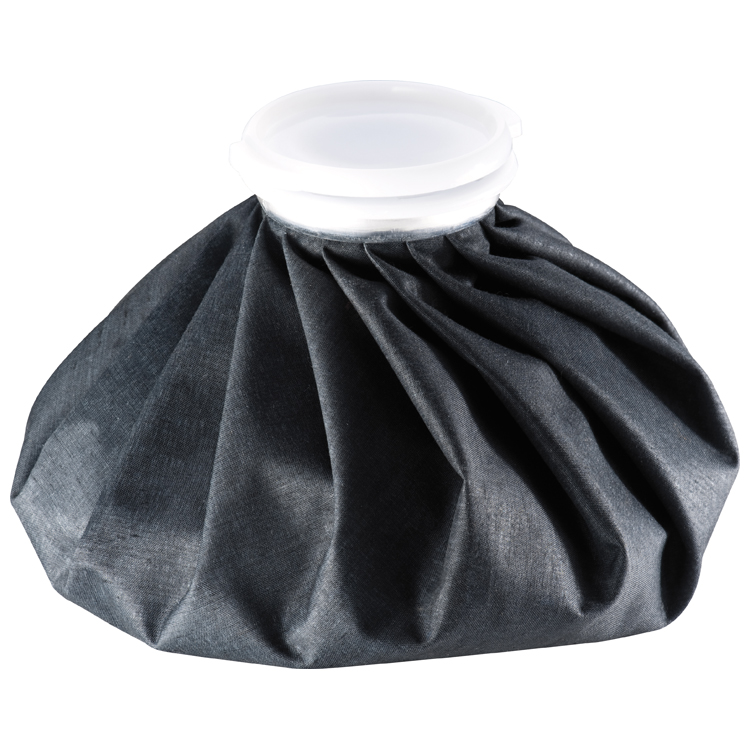 Szary worek na lód z białym wieczkiem, widoczna faktura materiału i fałdy, na białym tle.