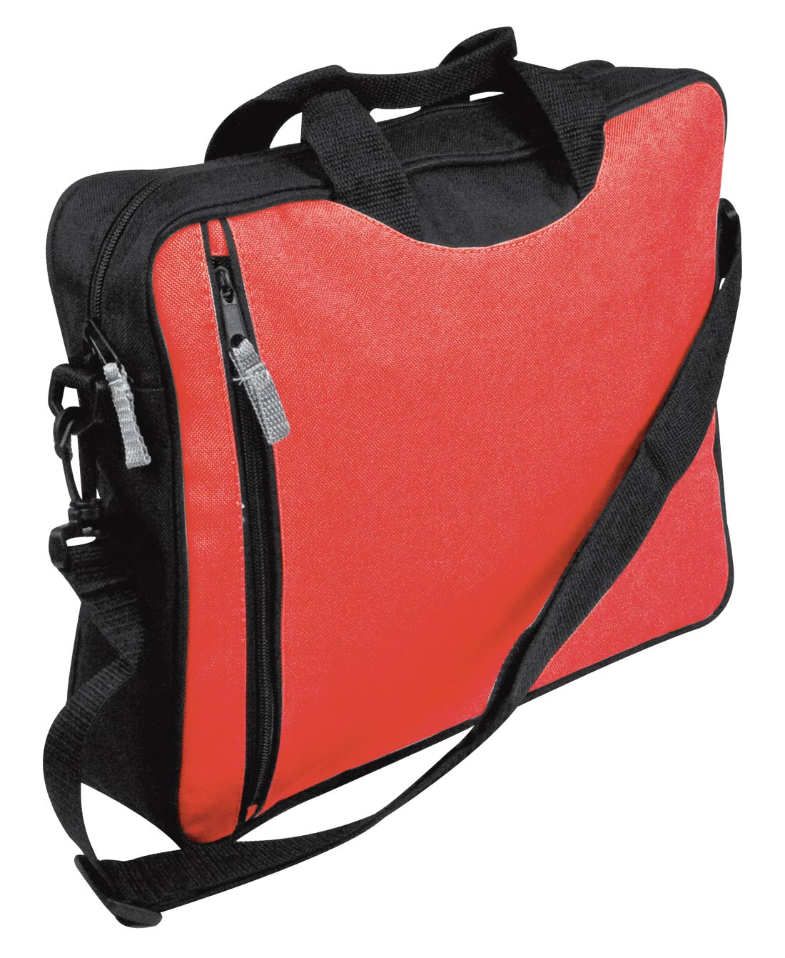 Czerwono-czarna torba na ramię z widocznym zamkiem błyskawicznym i uchwytami, potencjalnie z nadrukowanym logo.