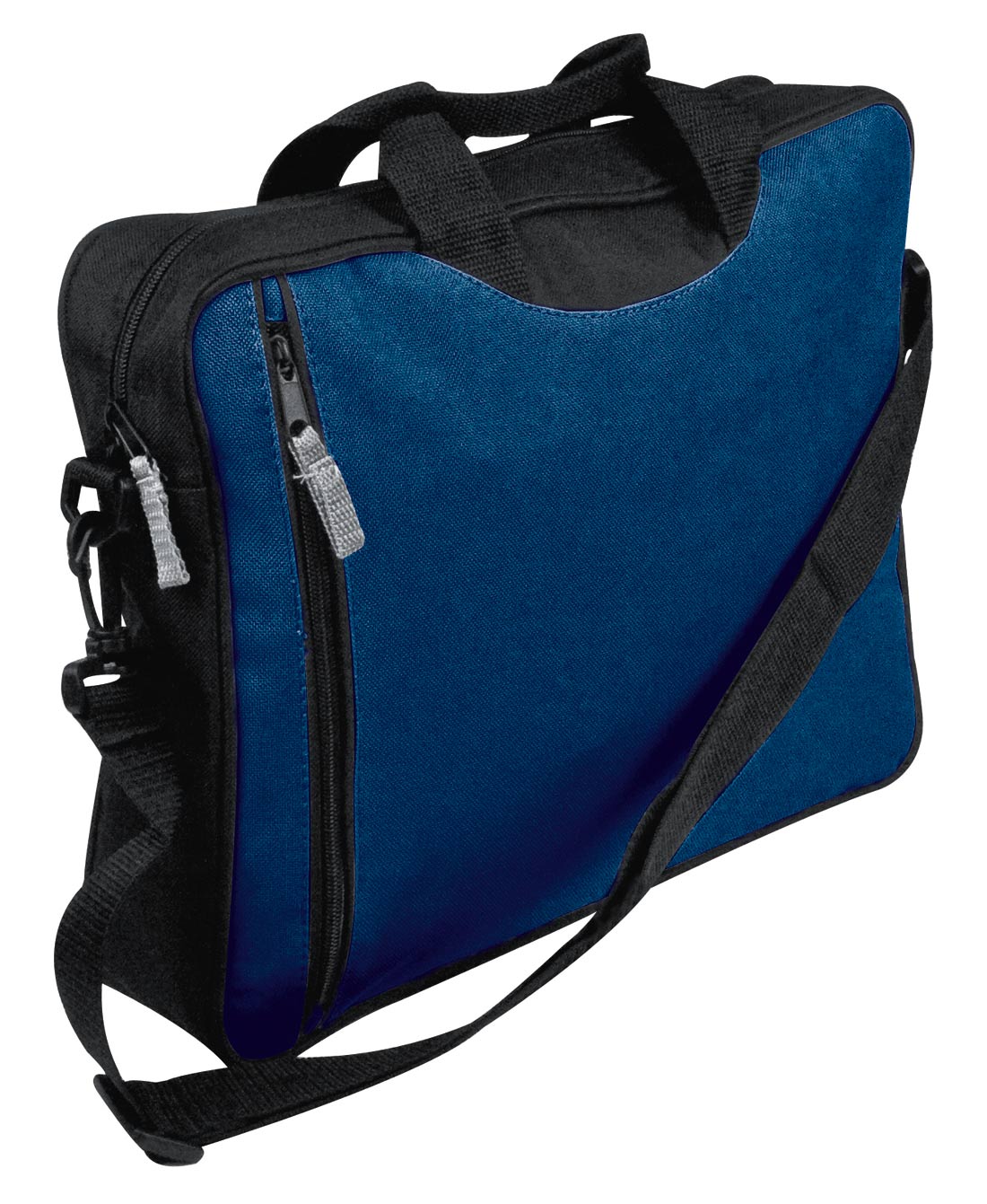 Niebiesko-czarna torba na ramię z zamkiem błyskawicznym z przodu, wykonana z teksturowanego materiału, prezentowana na białym tle.