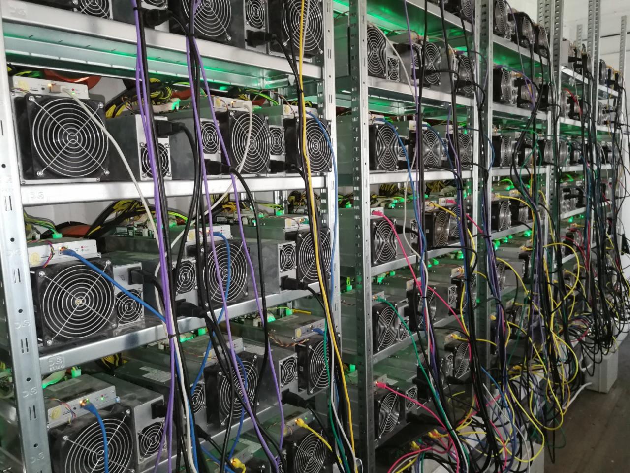 Rzędy serwerów do wydobywania kryptowalut na metalowych regałach, widoczne wentylatory, kable zasilające i sieciowe w kolorach żółtym, niebieskim, fioletowym i czarnym, zielone podświetlenie LED.