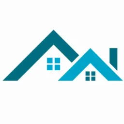 Graficzne przedstawienie dwóch domów z oknami, jeden ciemnoturkusowy, drugi jasnoturkusowy, tworzące logo firmy.