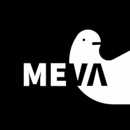 Minimalistyczne logo z stylizowaną białą gołębicą i nazwą firmy MEVA na czarnym tle.