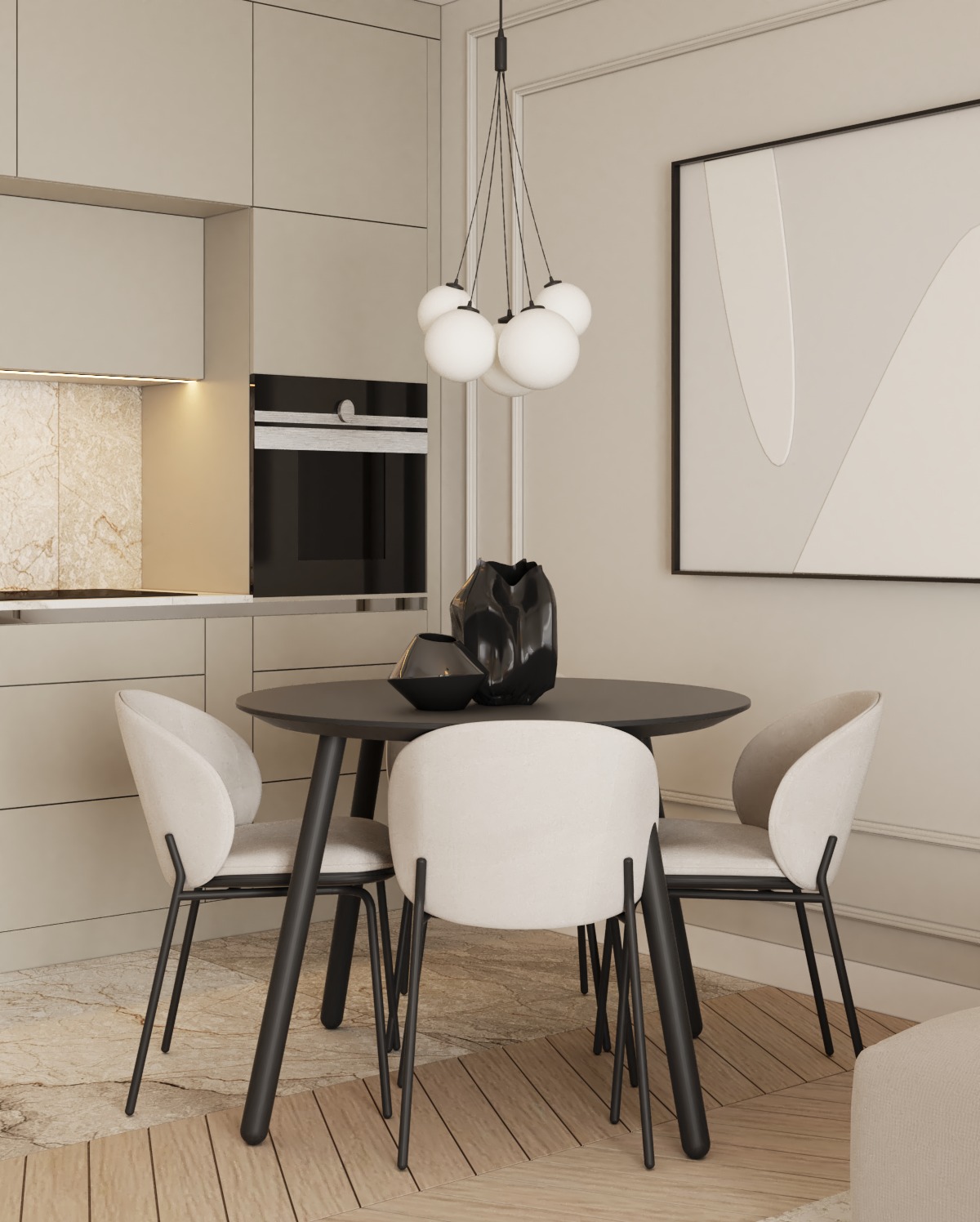 Neutralna aranżacja jadalni z okrągłym, czarnym stołem, białymi krzesłami na czarnych nogach, nowoczesną lampą kulistą i abstrakcyjnym obrazem w czarnej ramie.