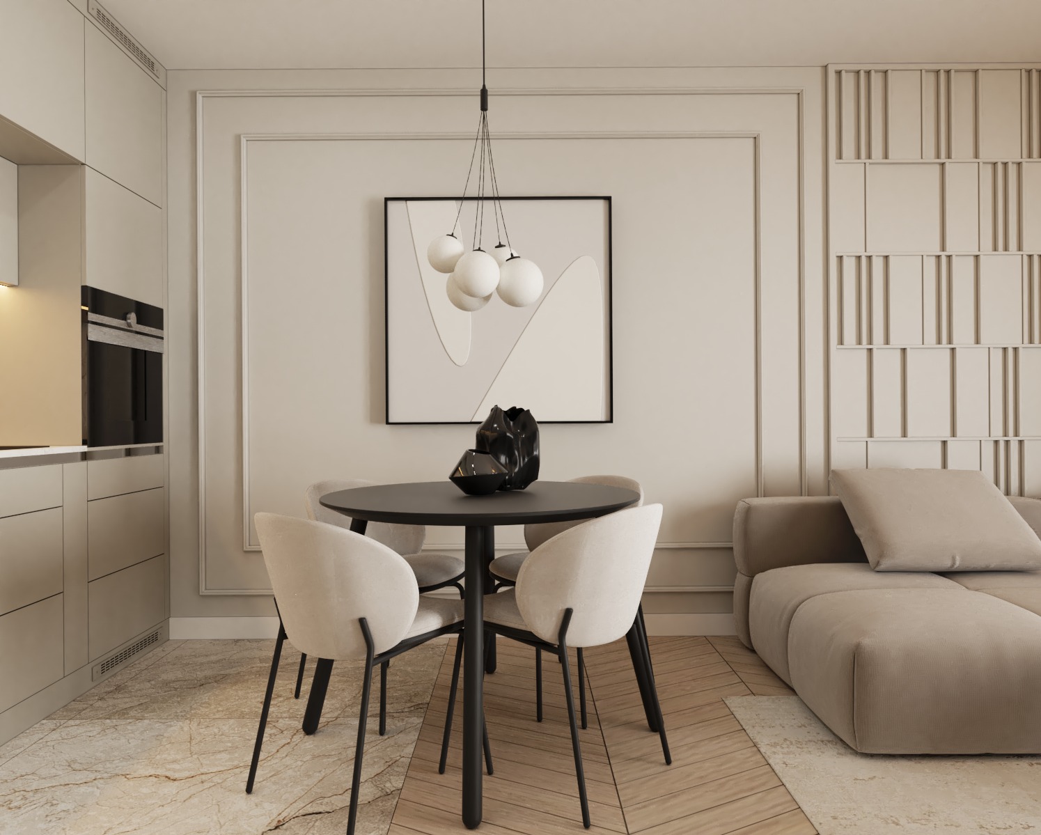 Beżowe wnętrze: okrągły stół z czarnymi nogami i tapicerowanymi krzesłami, nowoczesna lampa wisząca z białymi kulami, abstrakcyjny obraz w czarnej ramie, sofa z poduszką i dekoracyjna ściana...