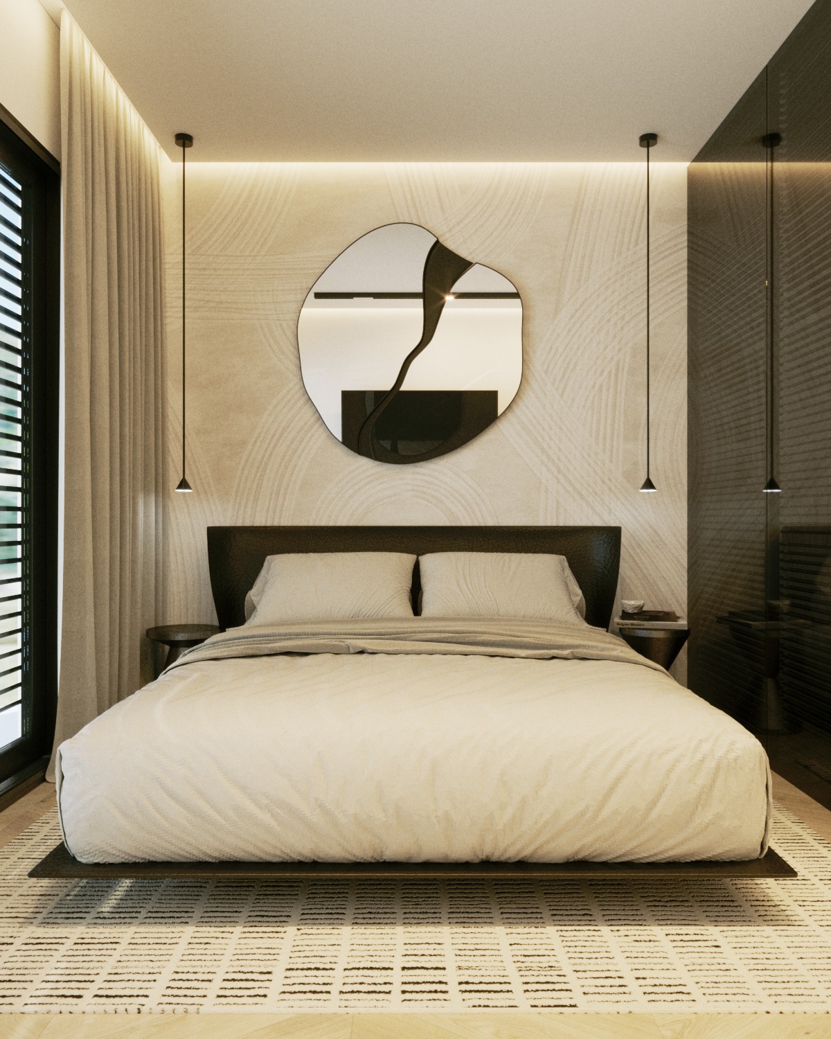 Sypialnia w neutralnych barwach z łóżkiem na niskiej platformie, abstrakcyjnym lustrem i minimalistycznymi lampami wiszącymi, uzupełniona wzorzystym dywanem.
