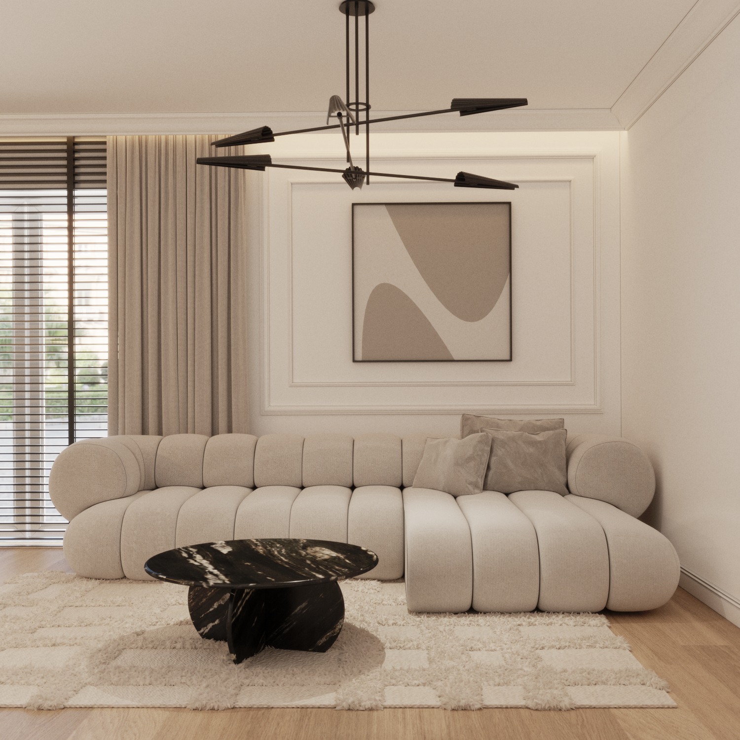 Nowoczesny salon z beżową sofą modułową, marmurowym stolikiem kawowym i abstrakcyjnym obrazem na ścianie.