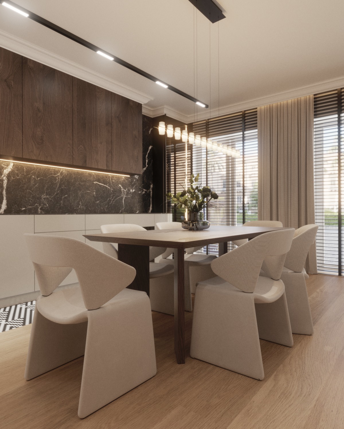 Nowoczesna jadalnia z drewnianym stołem, krzesłami o geometrycznym kształcie i minimalistycznym oświetleniem, marmurowy backsplash w kuchni w tle.