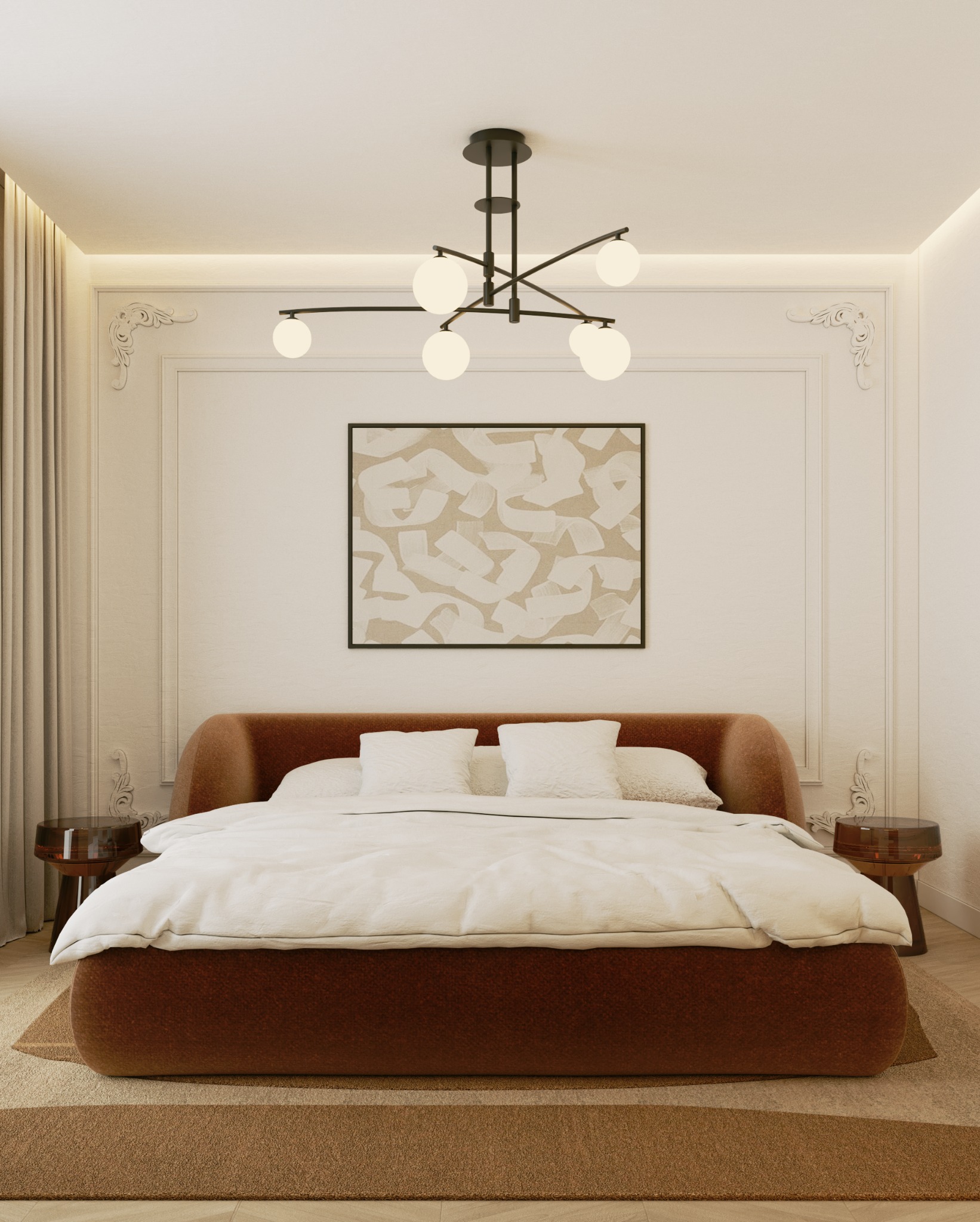 Sypialnia w stylu klasycznym z brązowym łóżkiem, białymi poduszkami i kołdrą, abstrakcyjny obraz na ścianie, nowoczesna lampa wisząca z kulistymi kloszami i stoliki nocne z tworzywa.