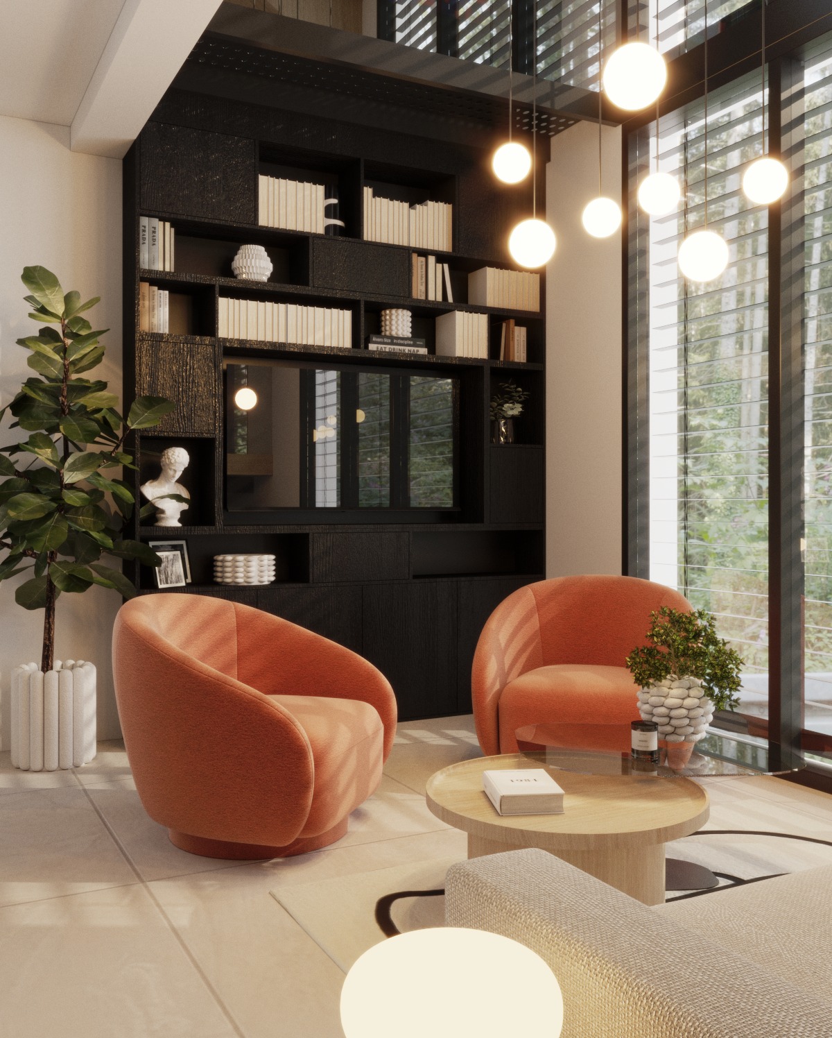 Nowoczesny salon z pomarańczowymi fotelami, czarną zabudową biblioteczną i dużym oknem z żaluzjami, oświetlony wiszącymi lampami kulami.