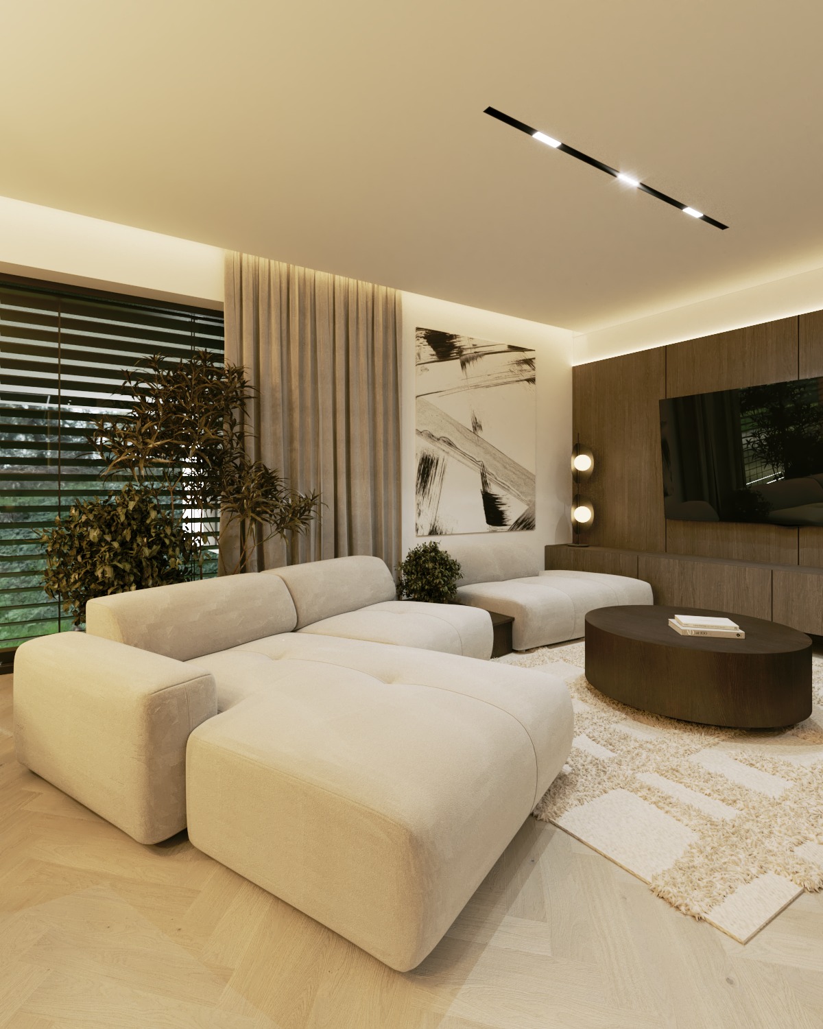 Jasny, przestronny salon z narożną sofą modułową, dywanem shaggy i drewnianą ścianą telewizyjną z abstrakcyjnym obrazem w tle.