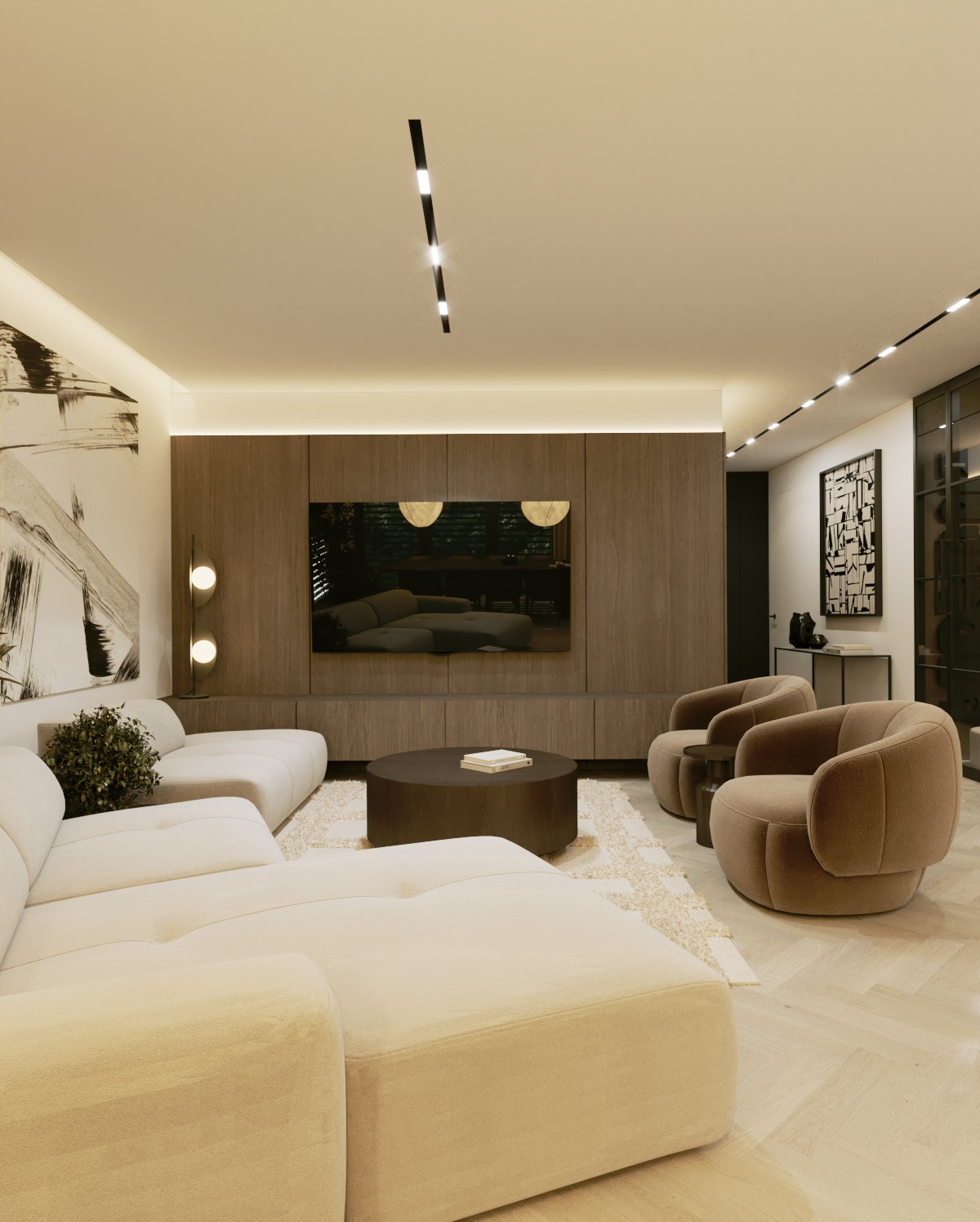 Salon z narożną sofą w odcieniach beżu, okrągłym stolikiem kawowym i dwoma fotelami na tle drewnianej zabudowy ściennej z telewizorem i oświetleniem punktowym.