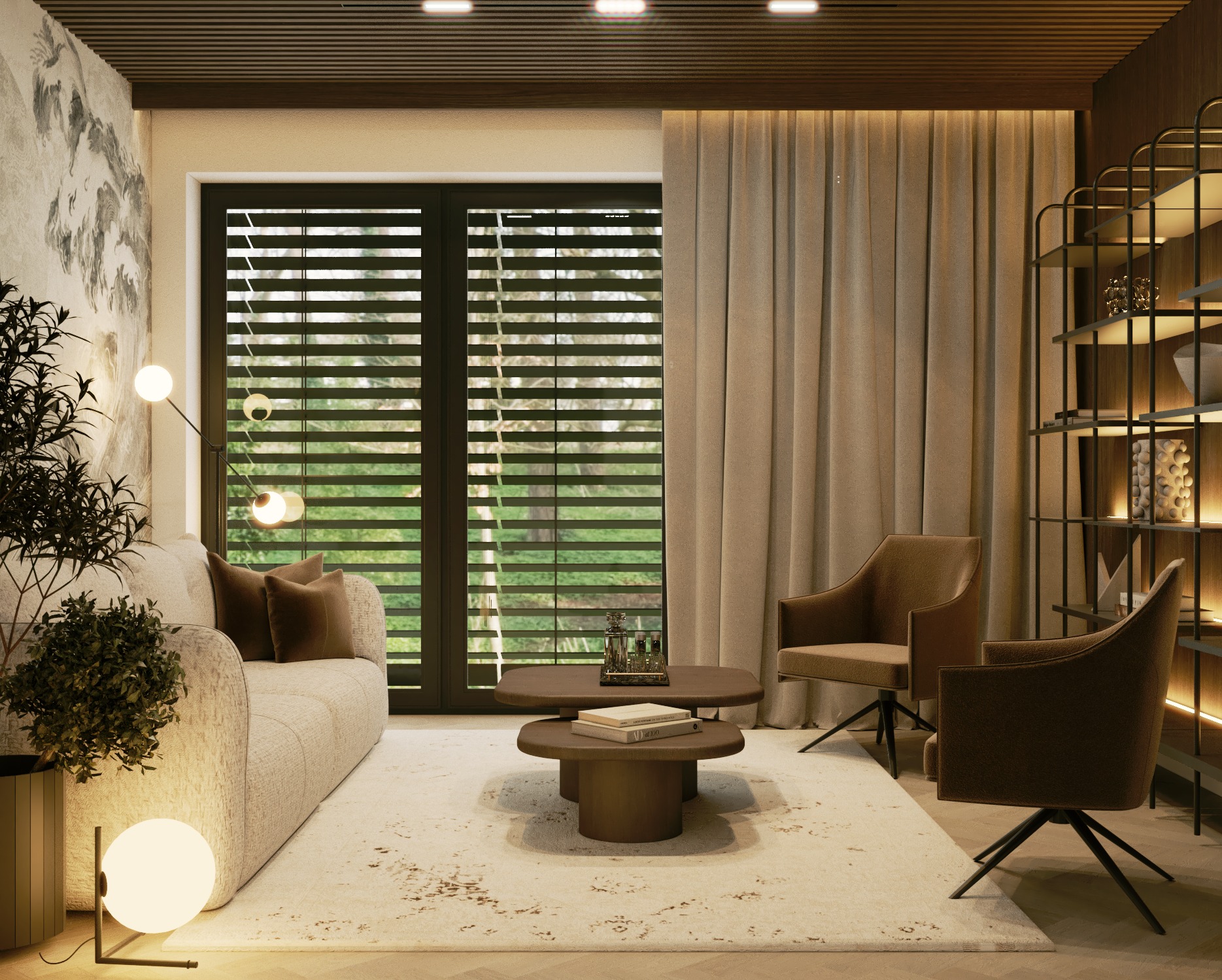 Nowoczesny salon z beżową sofą, stolikiem kawowym na dwóch poziomach, dwoma fotelami obrotowymi i regałem z podświetleniem LED, uzupełniony roślinami i zasłonami w stonowanej kolorystyce.