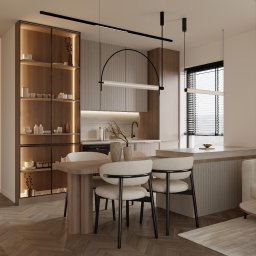 Sublime Studio Anna Pawelec - Nowoczesna jadalnia z drewnianą podłogą w jodełkę, beżowymi krzesłami i minimalistycznym oświetleniem. Na półce dekoracje i naczynia.