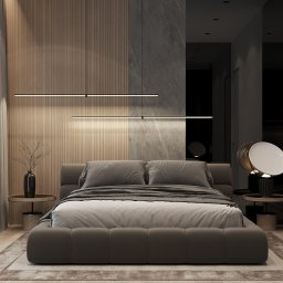 Sublime Studio Anna Pawelec - Nowoczesna sypialnia z łóżkiem na niskiej platformie, drewnianą ścianą z listew, marmurowym akcentem i minimalistycznym oświetleniem liniowym. Stonowana kolorystyka.