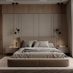 Sublime Studio Anna Pawelec - Elegancka sypialnia w beżach: tapicerowane panele ścienne za łóżkiem, minimalistyczne lampy wiszące, drewniana podłoga w jodełkę, subtelne oświetlenie nocne.