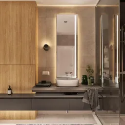 Nowoczesna łazienka z podświetlanym lustrem, umywalką nablatową i szarą szafką pod umywalką, akcentowana drewnianą ścianą i minimalistycznymi dodatkami, takimi jak małe rośliny w szklanych wazonach.