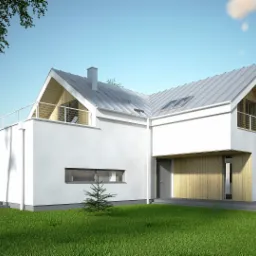 Wizualizacja nowoczesnego, dwukondygnacyjnego domu z białymi ścianami, szarym dachem dwuspadowym z lukarnami, drewnianą elewacją fragmentu parteru i balkonem z metalową balustradą na piętrze...