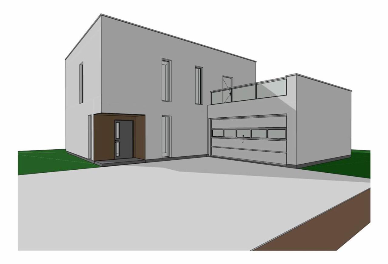 Wizualizacja 3D nowoczesnego, dwukondygnacyjnego domu z płaskim dachem, garażem i balkonem z szklaną balustradą.