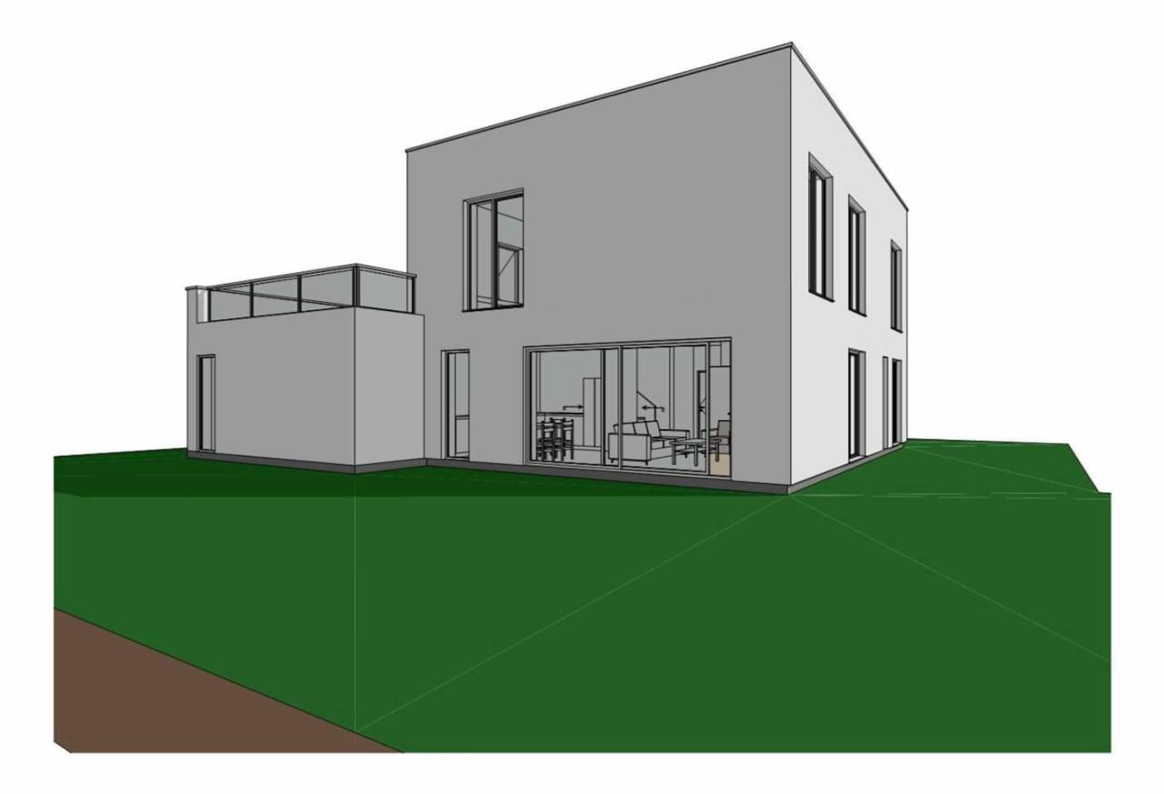Wizualizacja 3D nowoczesnego, dwukondygnacyjnego domu z płaskim dachem, balkonem z przeszkloną balustradą i dużymi przesuwnymi oknami na parterze, otoczonego trawnikiem.