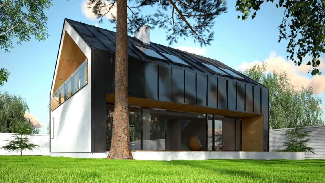 Wizualizacja nowoczesnego domu jednorodzinnego z czarną, metalową elewacją i dużymi przeszkleniami, otoczonego zielonym trawnikiem i drzewami, z pniem drzewa na pierwszym planie.