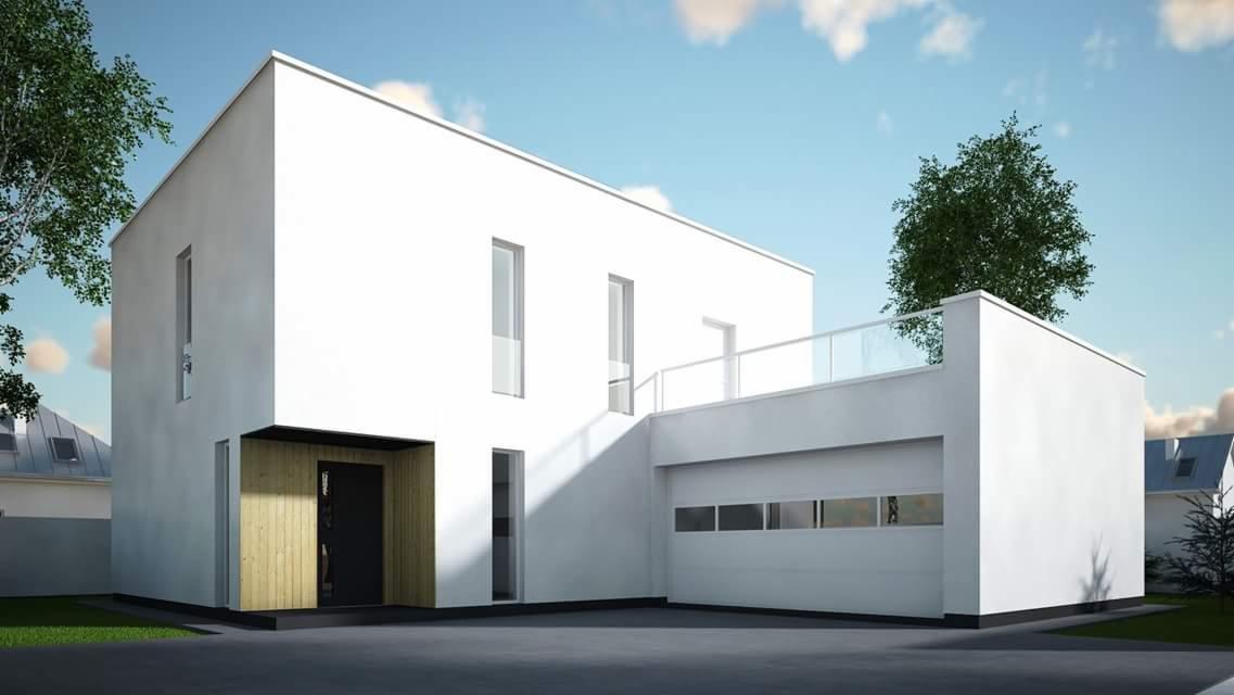 Wizualizacja nowoczesnego, białego domu jednorodzinnego z płaskim dachem, garażem i drewnianym akcentem przy wejściu, prezentowana w słoneczny dzień.