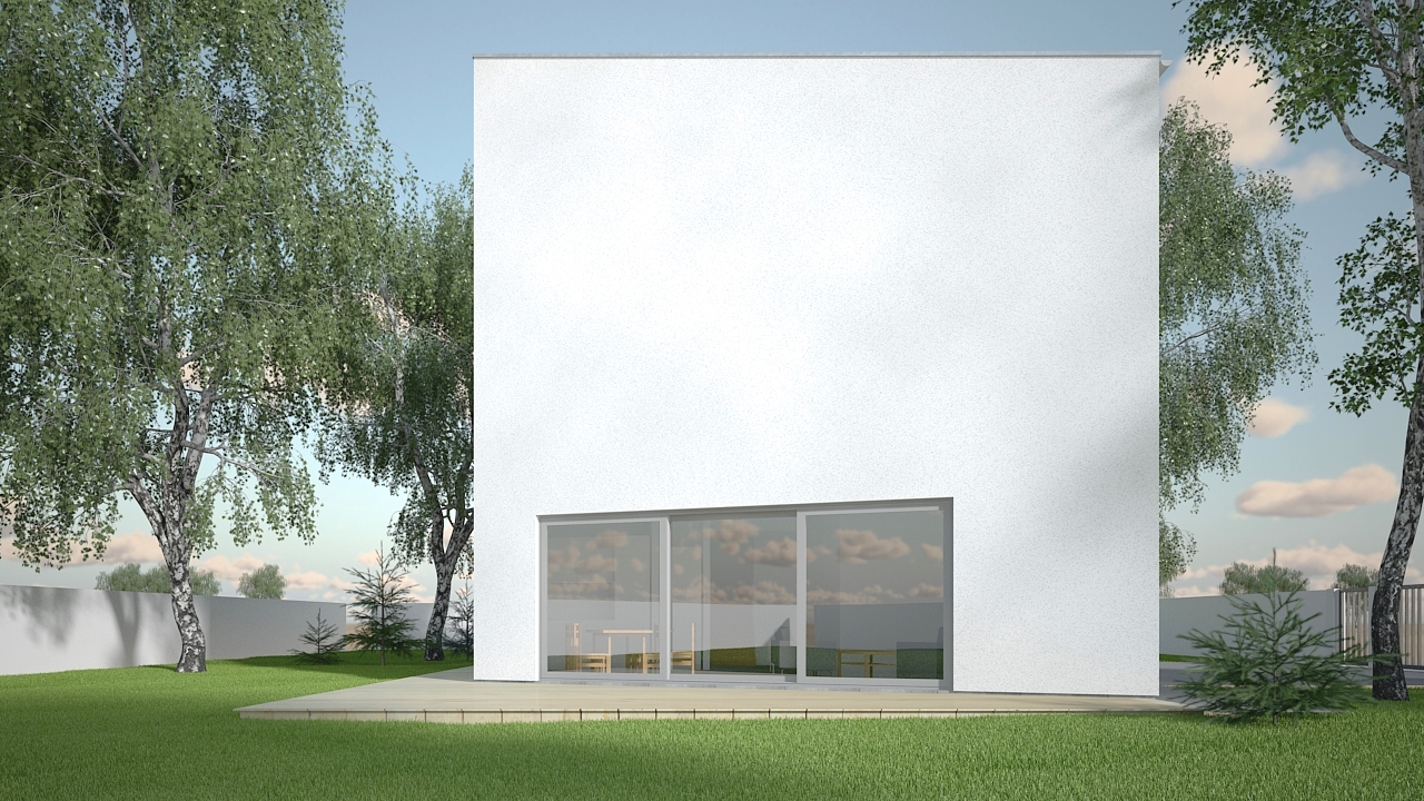 Minimalistyczny biały budynek z dużymi przesuwnymi oknami, otoczony zielonym trawnikiem i drzewami brzozy