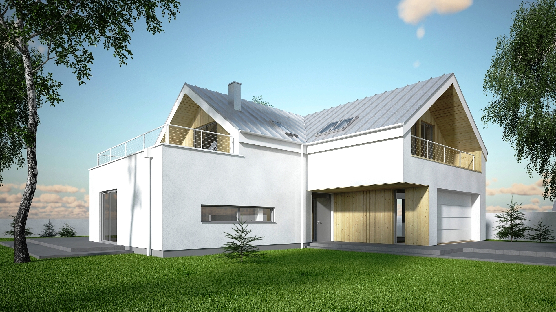 Wizualizacja nowoczesnego, dwukondygnacyjnego domu z białymi ścianami, szarym dachem dwuspadowym z lukarnami, drewnianą elewacją fragmentu parteru i balkonem z metalową balustradą na piętrze...