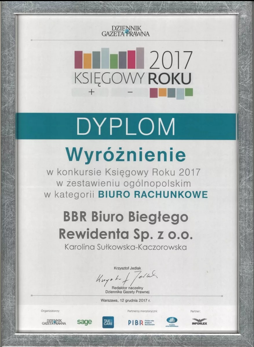 Dyplom 'Księgowy Roku 2017' dla BBR Biuro Biegłego Rewidenta Sp. z o.o. w srebrnej ramce. Wyróżnienie w kategorii biuro rachunkowe.