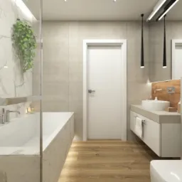 Nowoczesna łazienka z marmurową ścianą, wiszącą rośliną, drewnianą podłogą i minimalistyczną armaturą, oświetlona podłużnymi lampami sufitowymi.