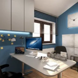 Nowoczesne biuro z niebieskimi ścianami, jasnym biurkiem, dwoma krzesłami i komputerami Apple, oświetlone ledami pod szafkami wiszącymi i zegarem z podświetleniem.