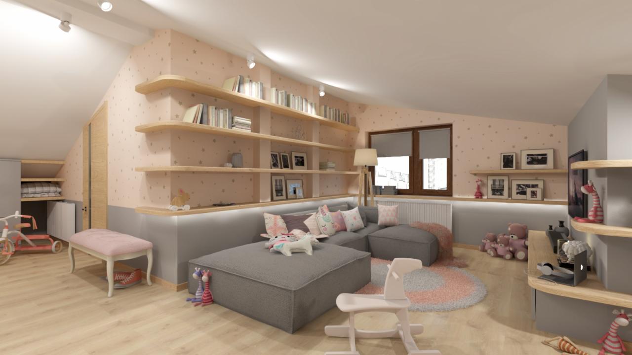 Pokój dziecięcy na poddaszu z półkami na książki, szarą sofą modułową z poduszkami w pastelowych kolorach, okrągłym dywanem w odcieniach różu i szarości oraz zabawkami.
